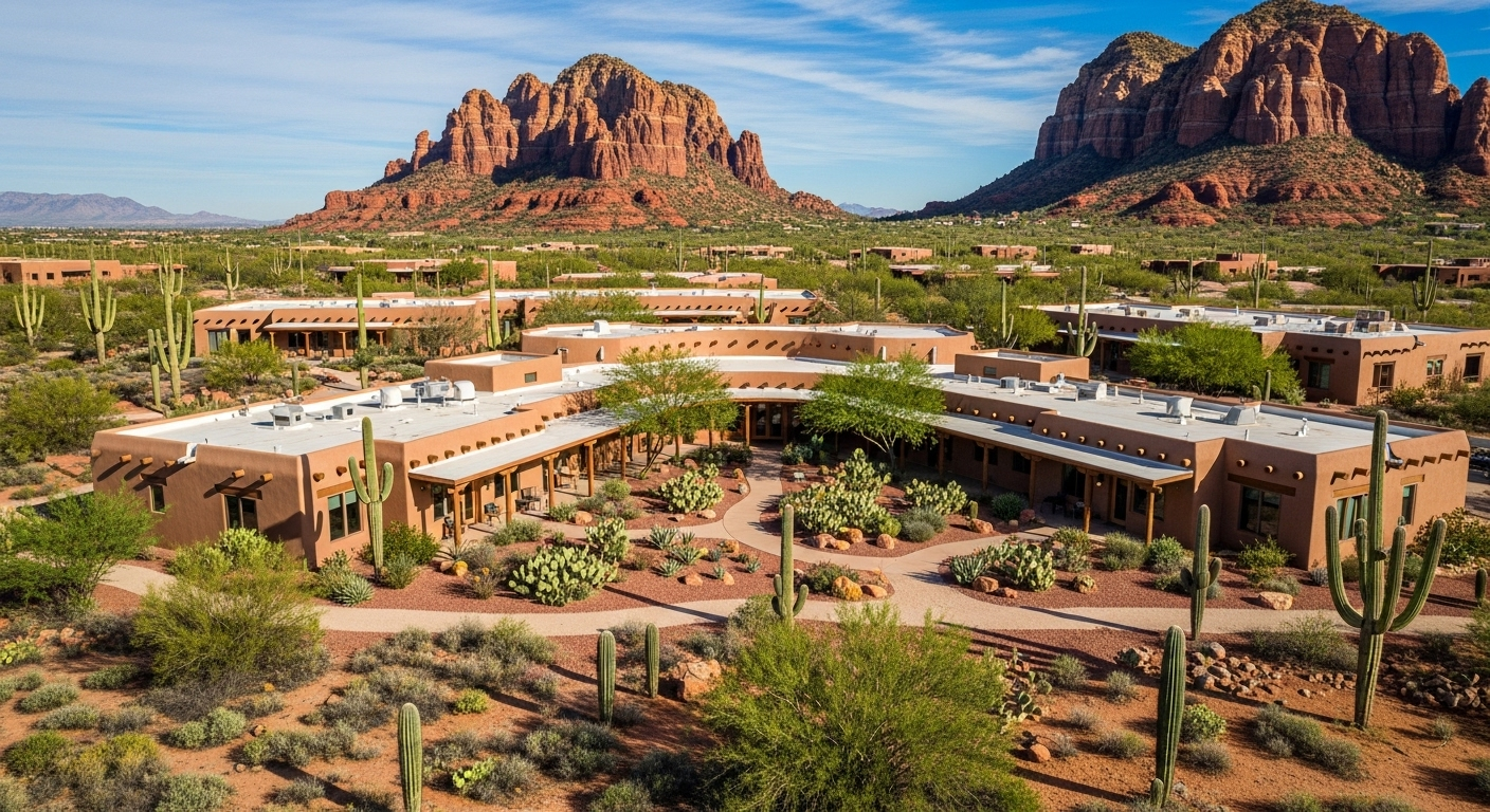 Desert rehabilitation facility in Arizona with red rock formations, southwestern architecture offering serene desert healing environments