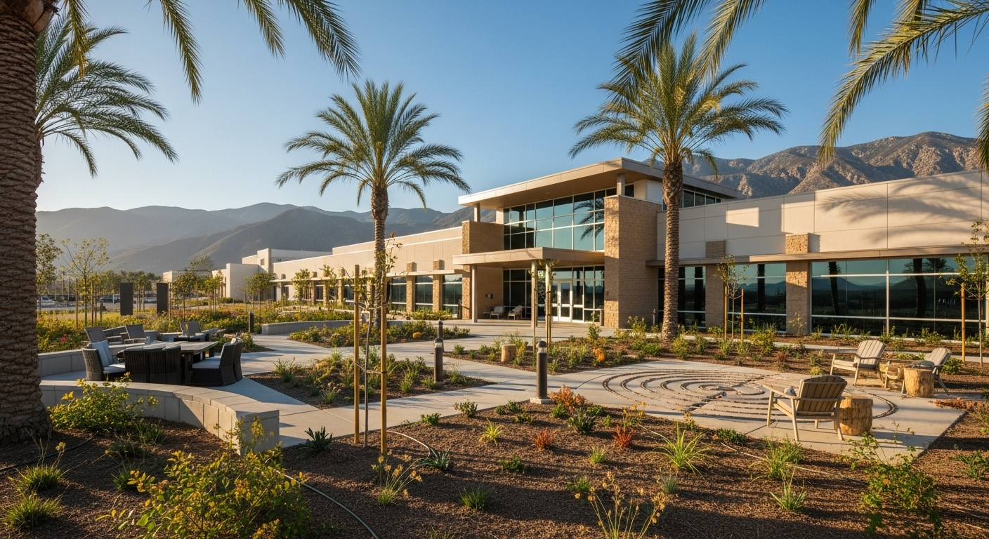 Modern addiction treatment center in California with palm trees and mountains, representing hope and healing in a professional healthcare setting