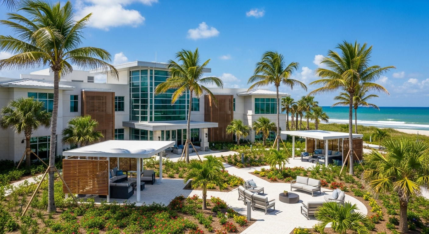 Tropical addiction treatment facility in Florida with ocean view and palm trees, showcasing a serene healing environment