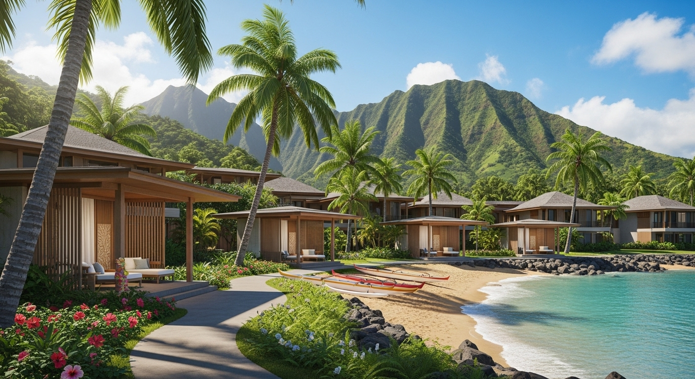 Tropical addiction treatment center in Hawaii with volcanic mountains and lush vegetation, offering unique island-based recovery programs