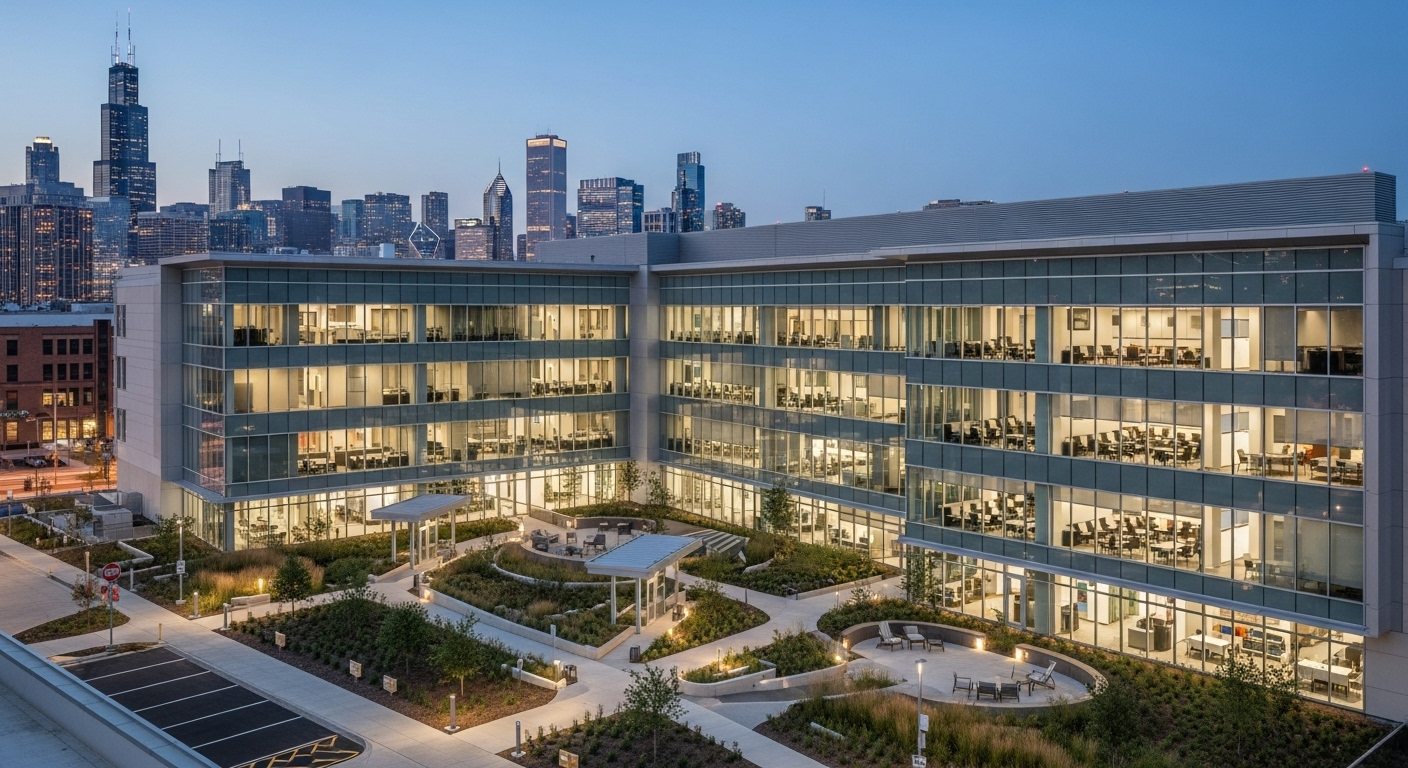 Modern addiction treatment center in Illinois with Chicago skyline, urban healthcare facility representing metropolitan recovery services