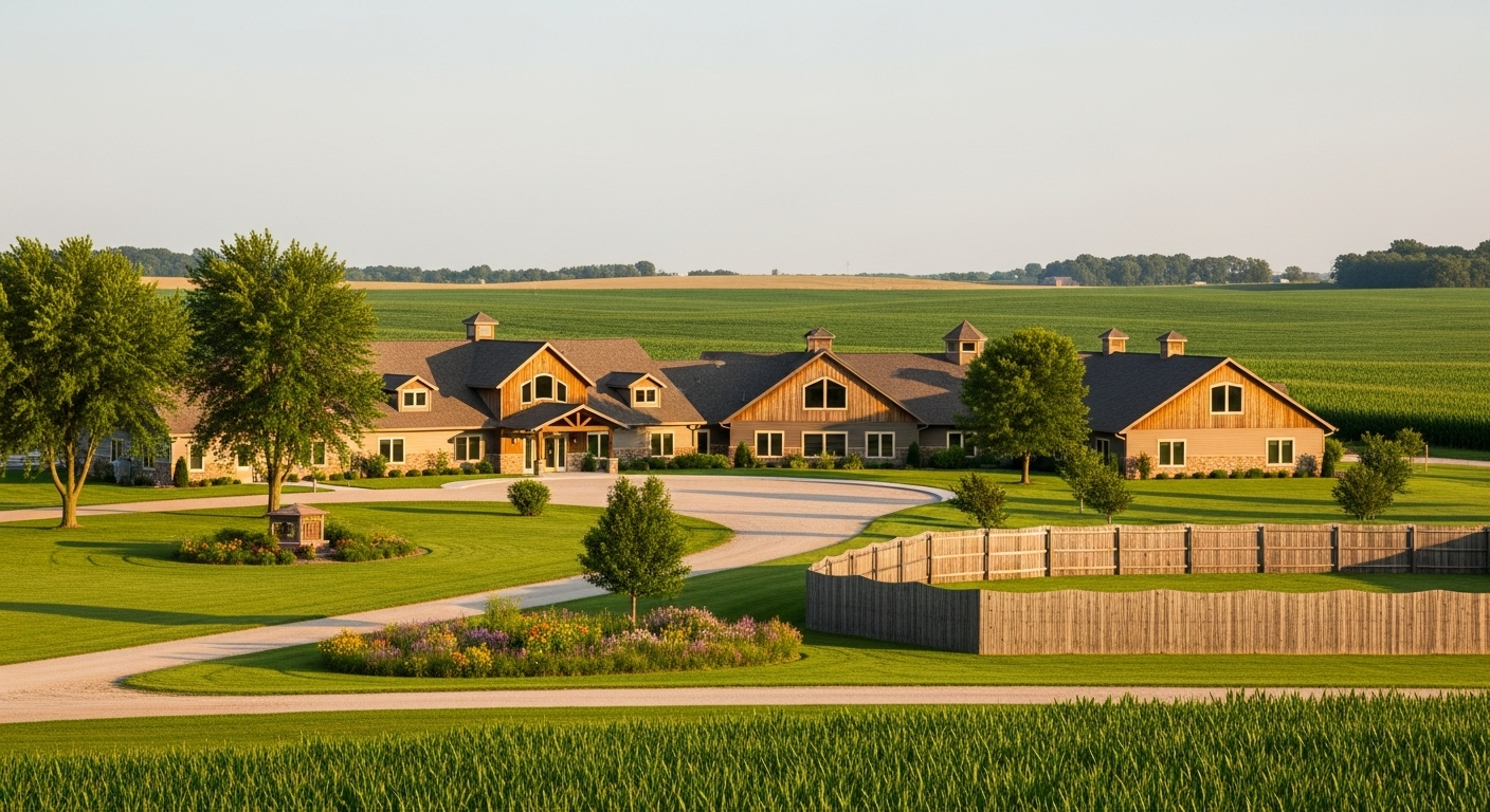 Rural rehabilitation facility in Iowa with rolling farmland, midwestern architecture providing peaceful countryside recovery