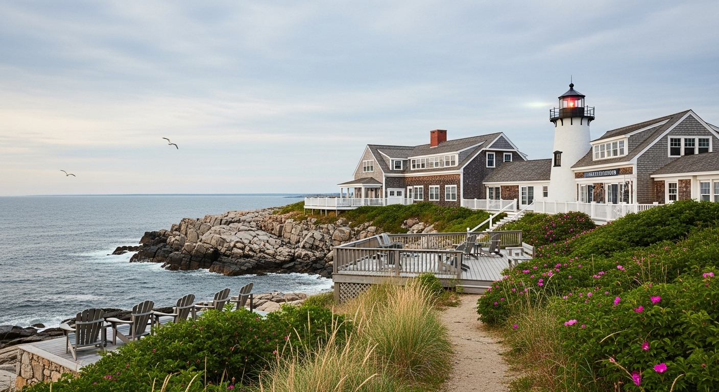 Coastal addiction treatment center in Maine with lighthouse and rocky shoreline, New England maritime recovery setting