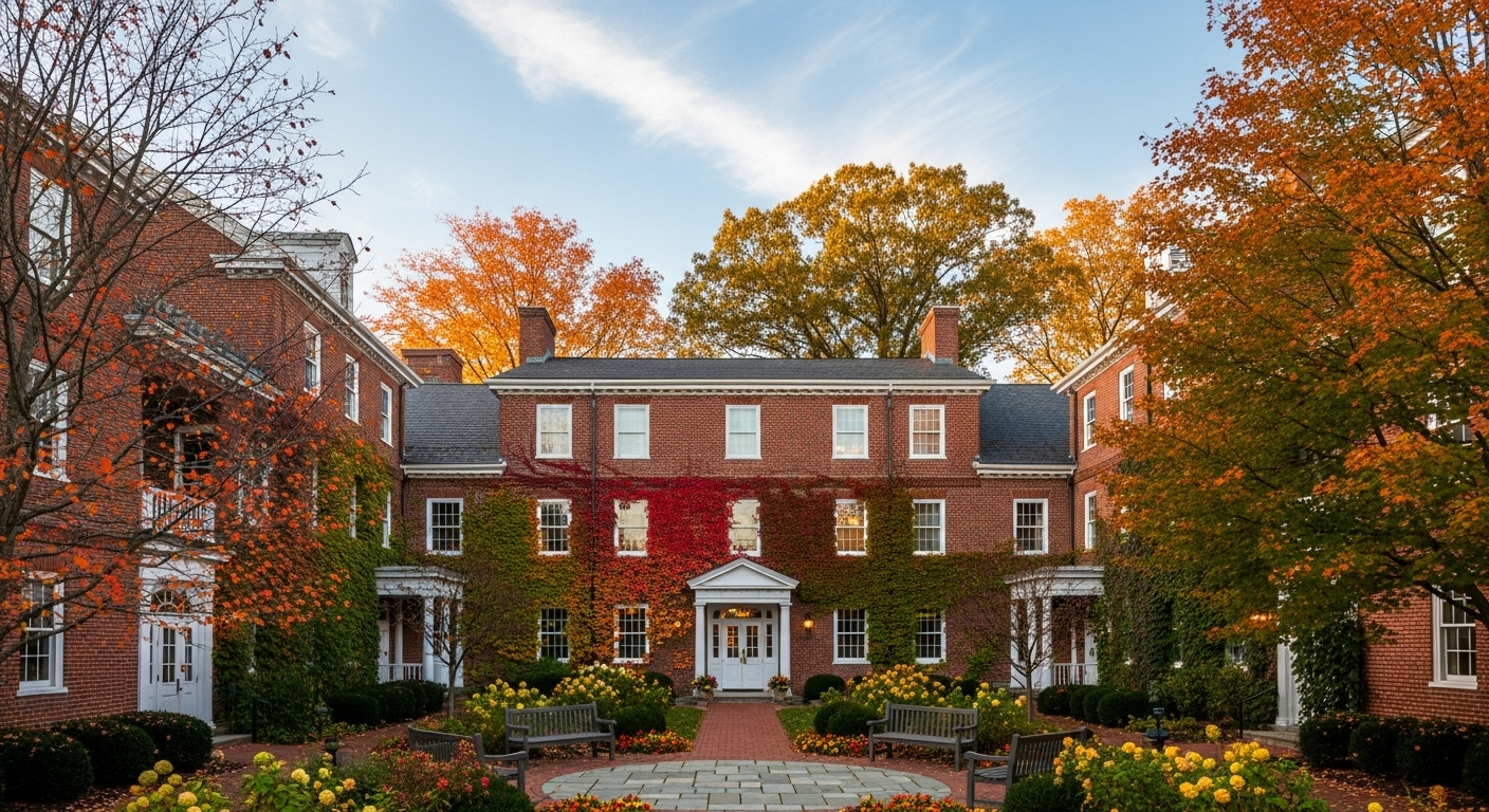 Historic brick addiction treatment center in Massachusetts with autumn foliage, combining traditional New England architecture with modern care