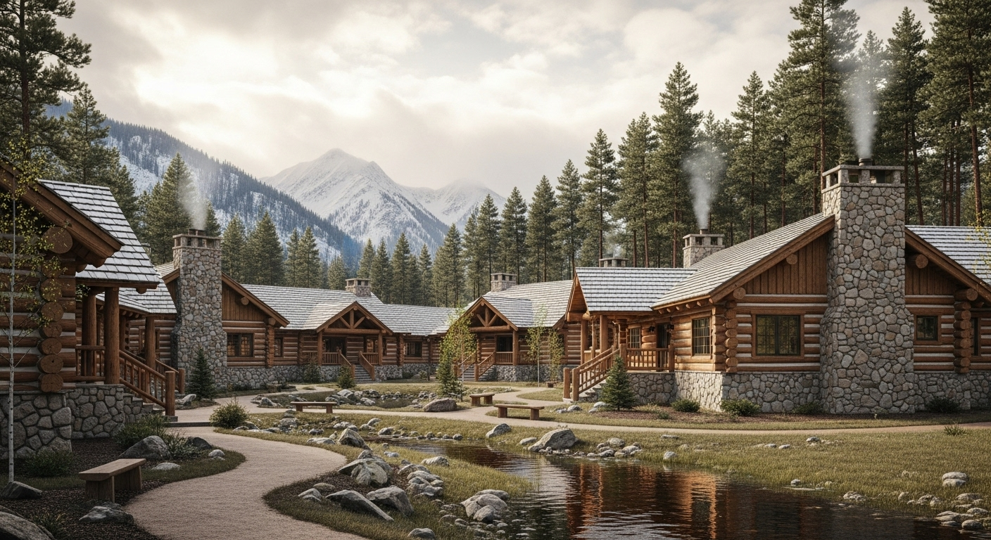 Rustic rehabilitation facility in Montana with snow-capped mountains and forests, providing wilderness therapy and natural healing settings