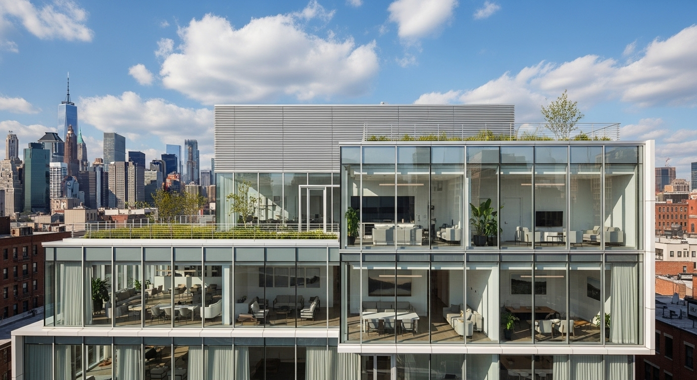 Modern urban addiction treatment center in New York with city skyline, representing accessible recovery services in a metropolitan setting