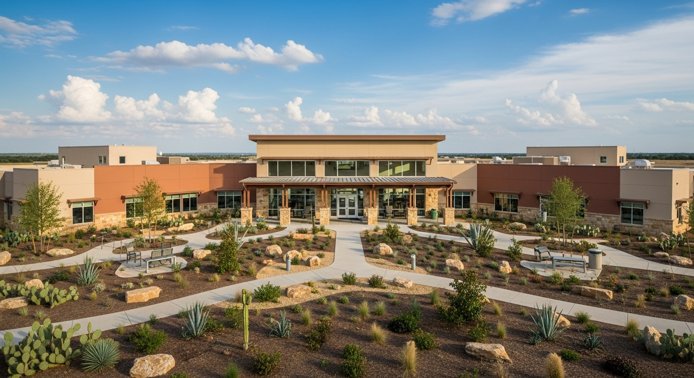 Contemporary rehabilitation center in Texas with wide open plains and southwestern architecture, emphasizing spacious recovery spaces